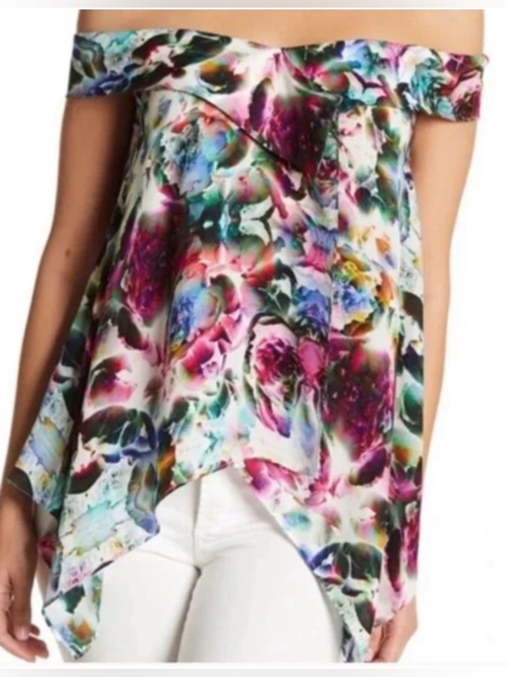 Nicole Miller Artelier Off-the-Shoulder Silk Floral Top asymmetrical drape